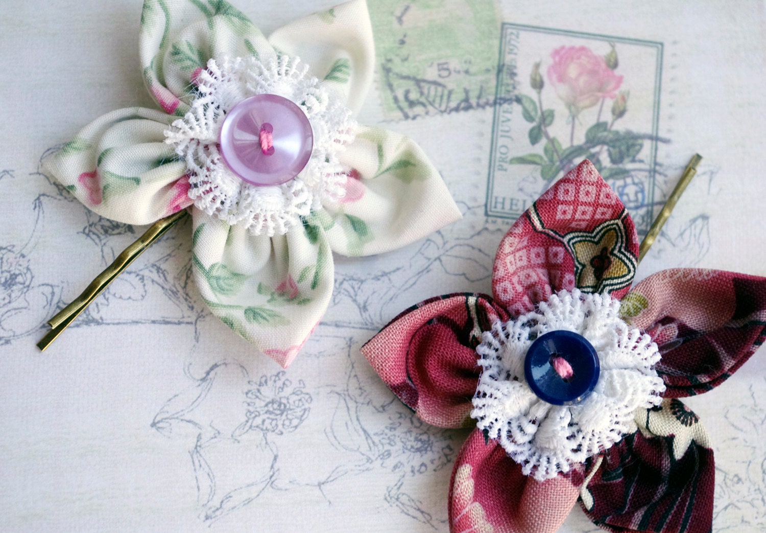 Flower Hair Pin accessories set Ecru Pink Burgundi Fabric Antic lace