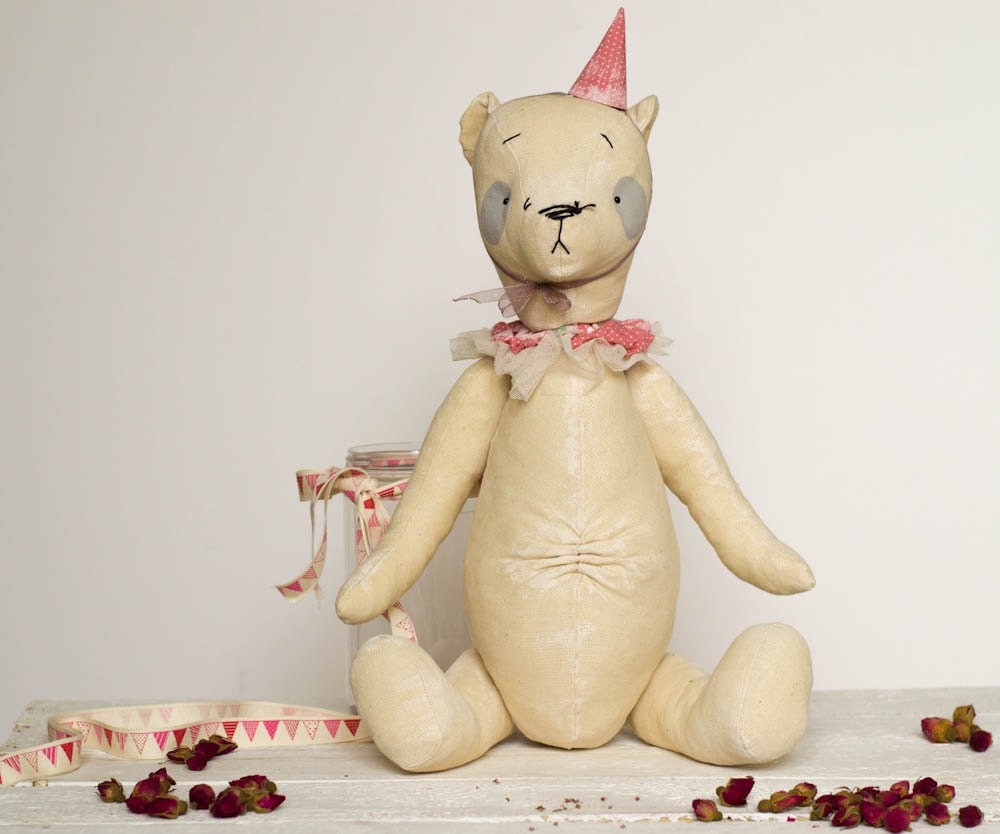 Bear Clown Collar  Pink Hat  - Happy Birthday Gift - Cotton Stuffed Toy