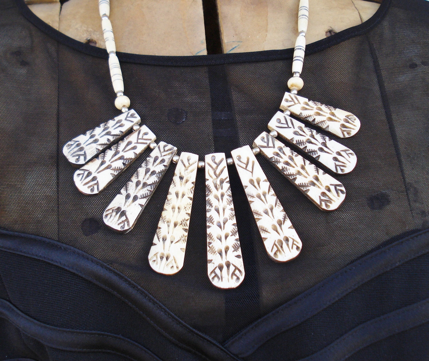 Vintage Carved Camel Bone Bib Necklace / Statement Necklace / Tribal Necklace