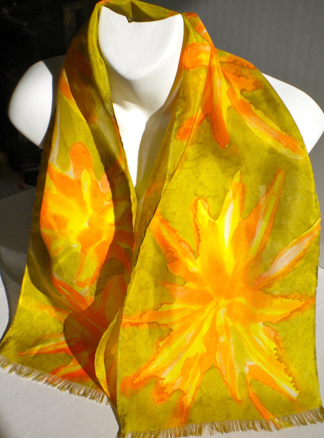 Sumi Floral/  Saffron Yellow, Salmon, and Earth Tones 100% SILK SCARF.  Hand Painted Silk Scarf by NYC  Artist Joan Reese. "One of a kind"