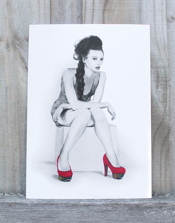 A4 Print of original pencil drawing - fashion model in red stilettos