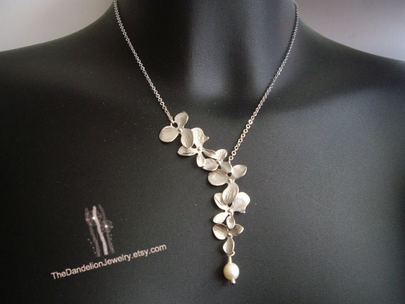 SALE, 10% OFF: Asymmetrical flowers cascade necklace in white gold, flower necklace, lariat necklace, wedding jewelry, bridesmaid