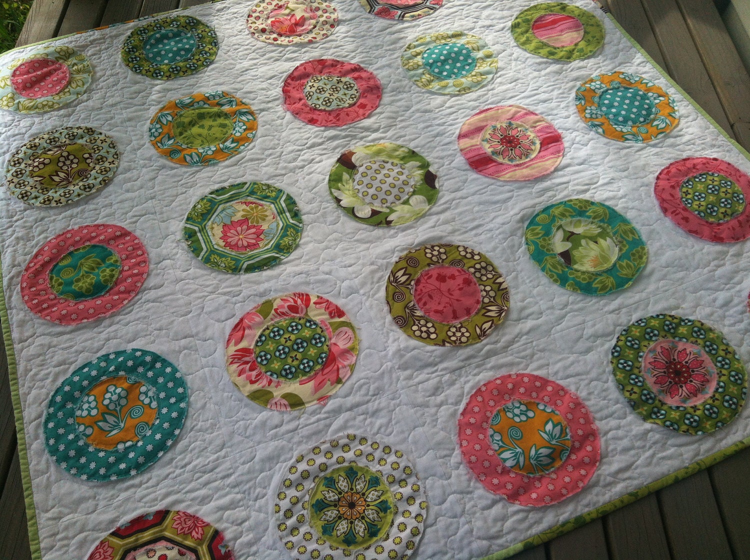 Modern Bright and White Handmade Patchwork Quilt With Ruffle Circle Pattern in Aqua, Green, Pink and Orange for Lap, Twin, Baby or Child
