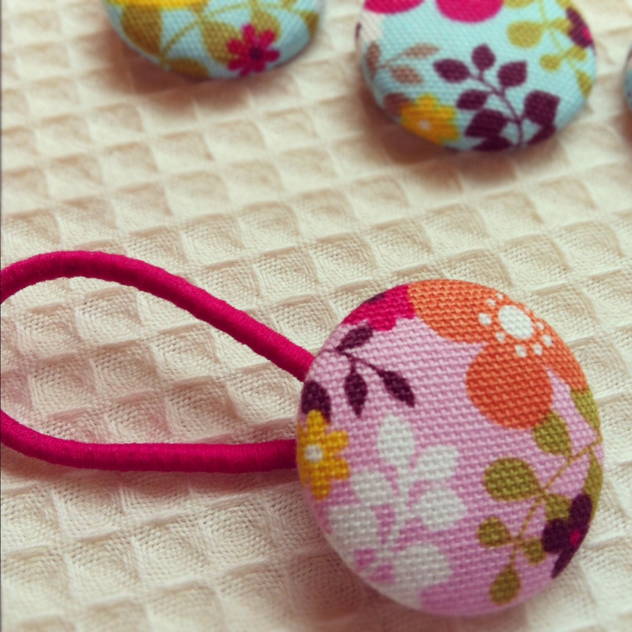 Five Fabric Covered Buttons in Girly Woodland Fabric with Deer, flowers and bird - great for cards, scrapbooking or hair ties.