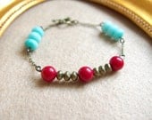 Red coral Blue jade Brass faceted nugget on brass chain Bracelet. BL09