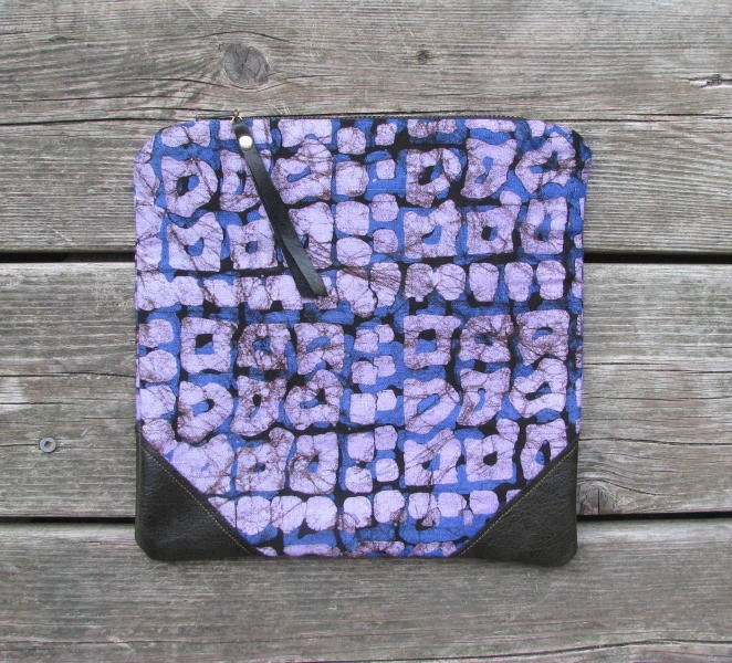cotton and leather clutch, fold-over clutch, african batik