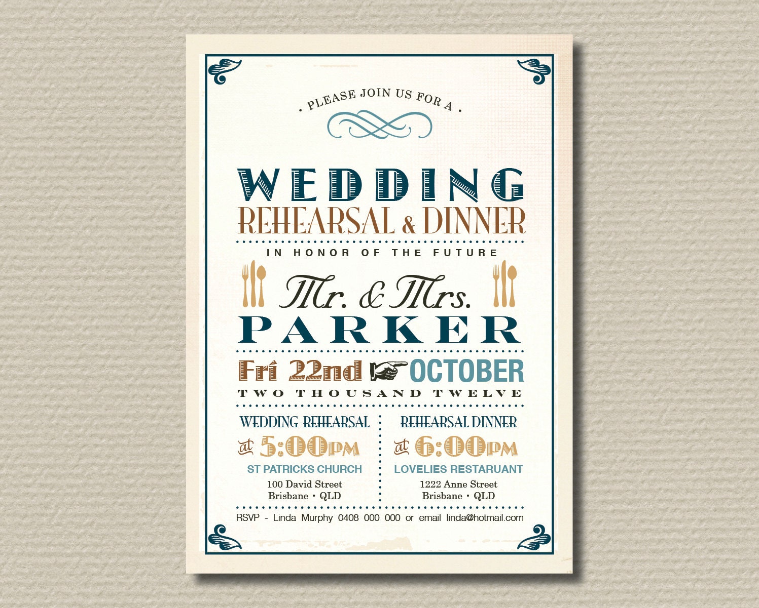 Printable Wedding Rehearsal and Dinner Invitation - Vintage Poster design in Teal, Brown & Burlap (RD19)