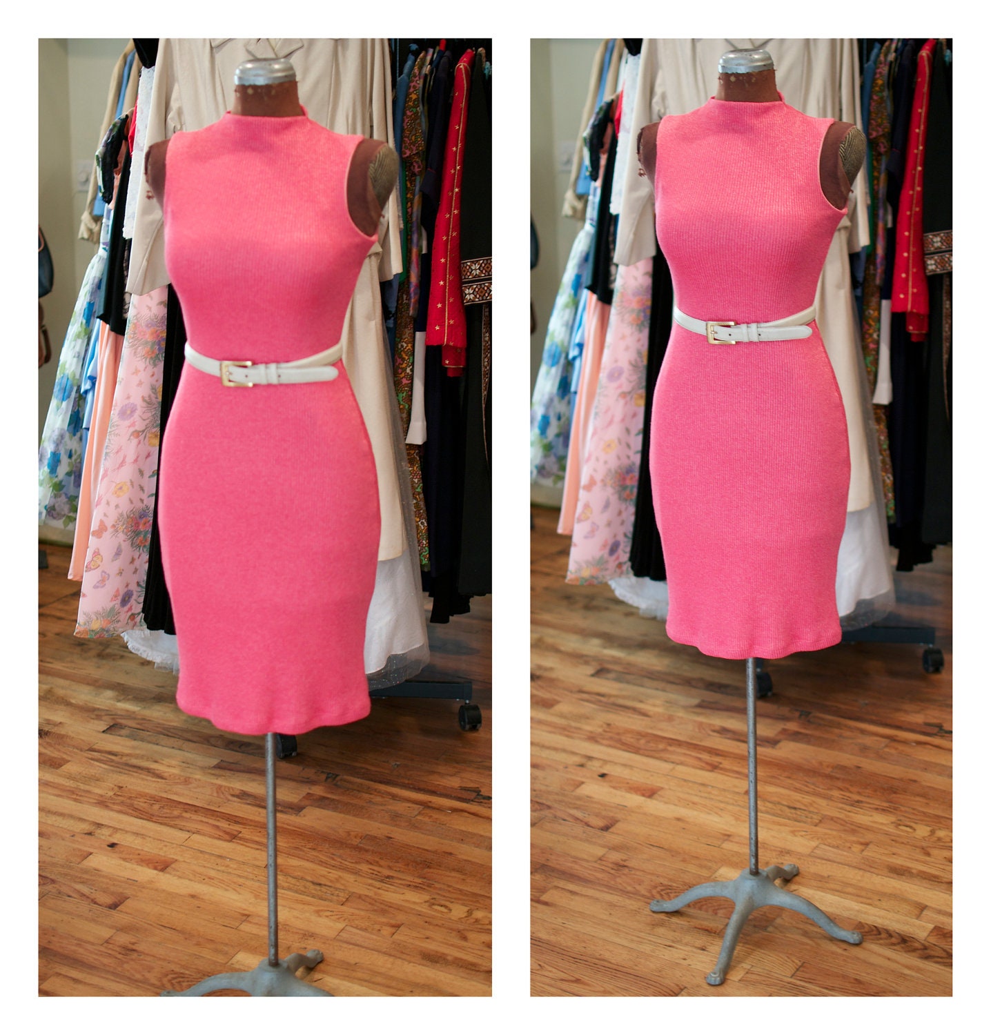 1980s Knit Fitted Body Con Sleeveless Turtleneck Shift Dress Mini Midi Dress