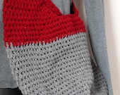 Crocheted Market Bag with Long Handle in Grey and Red