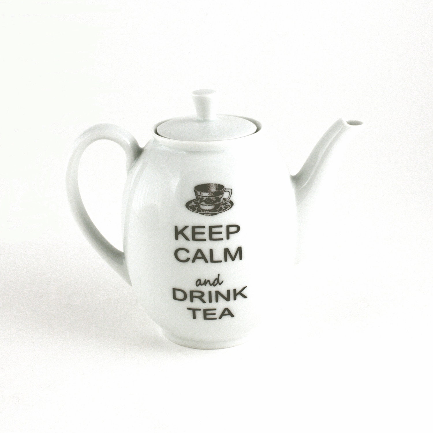 SALE Keep Calm and Drink Tea Altered Vintage Small Teapot Porcelain White Brown Unique Upcycled - MoreThanPorcelain