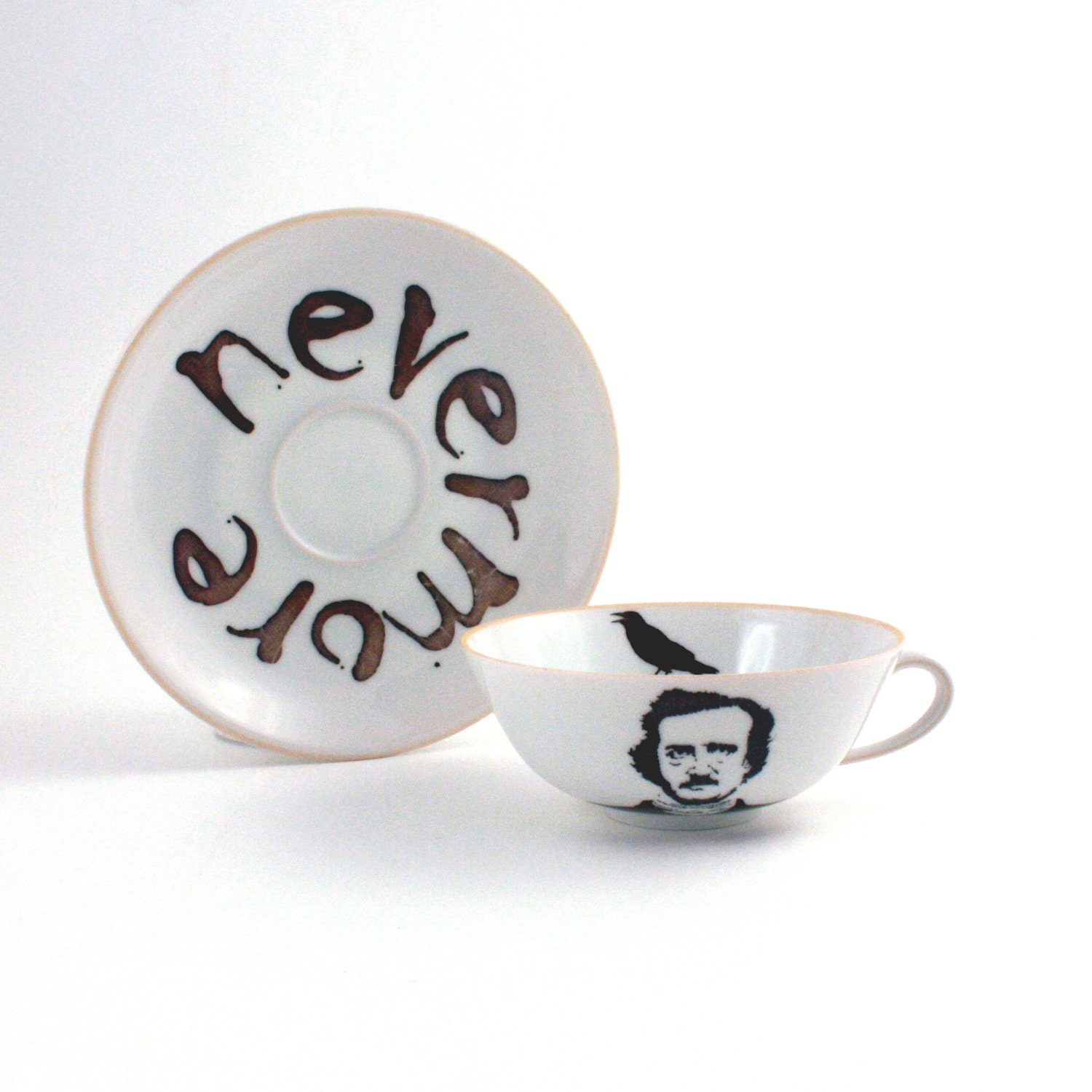 Altered Edgar Allan PoeTea or Coffee Cup with Saucer Vintage Porcelain The Raven Nevermore Poem White Brown Literature