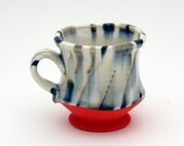 Handmade Porcelain Mug with Red Bottom and Grey Stripes