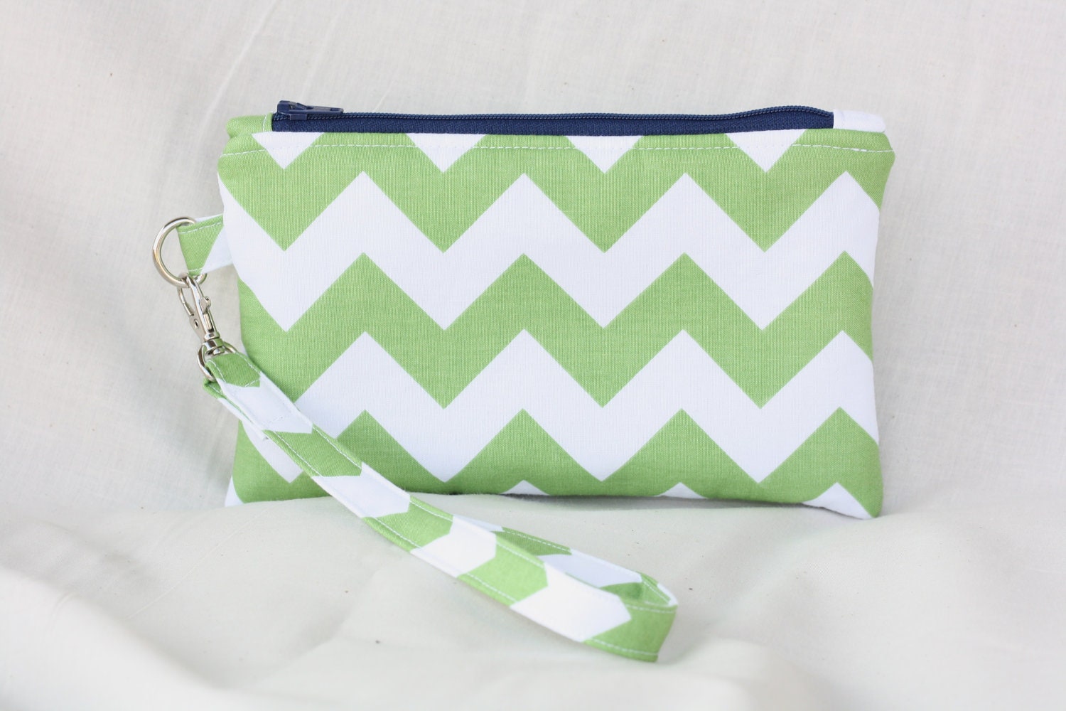 Green Chevron Clutch - Wristlet - Wallet with Navy zipper closure