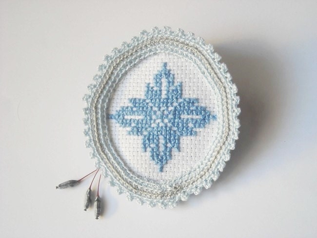 Textile jewelry, hand embroidery and crochet brooch, white, blue, gray, traditional Hungarian cross stitch motif