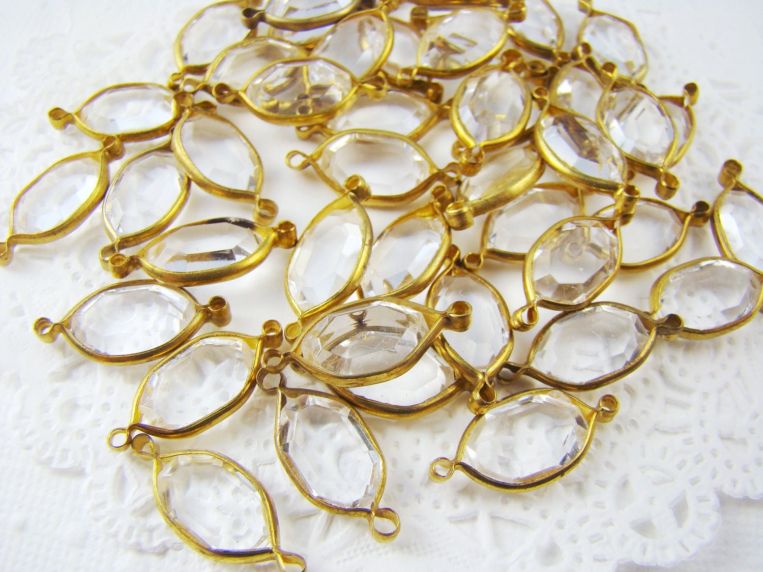 Vintage Oval Clear Acrylic Brass Connectors Jewels Channel Set Faceted (6) 19 x 8mm