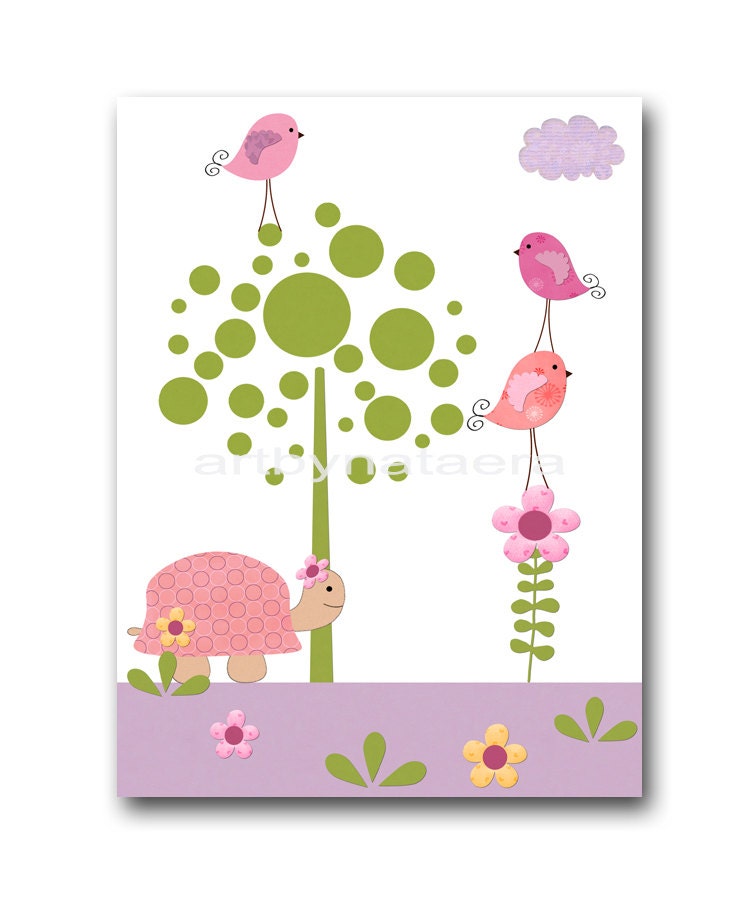Art for Childrens Wall Art baby nursery decor Baby Girl Room Decor Baby Girl Nursery print 8"x10" tree bird decoration pink purple turtle