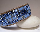 Beaded Leather Cuff, Opaque Light blue ab and Periwinkle shimmer, ocean breeze, blue sky, Mother's Day gifts,boho chic