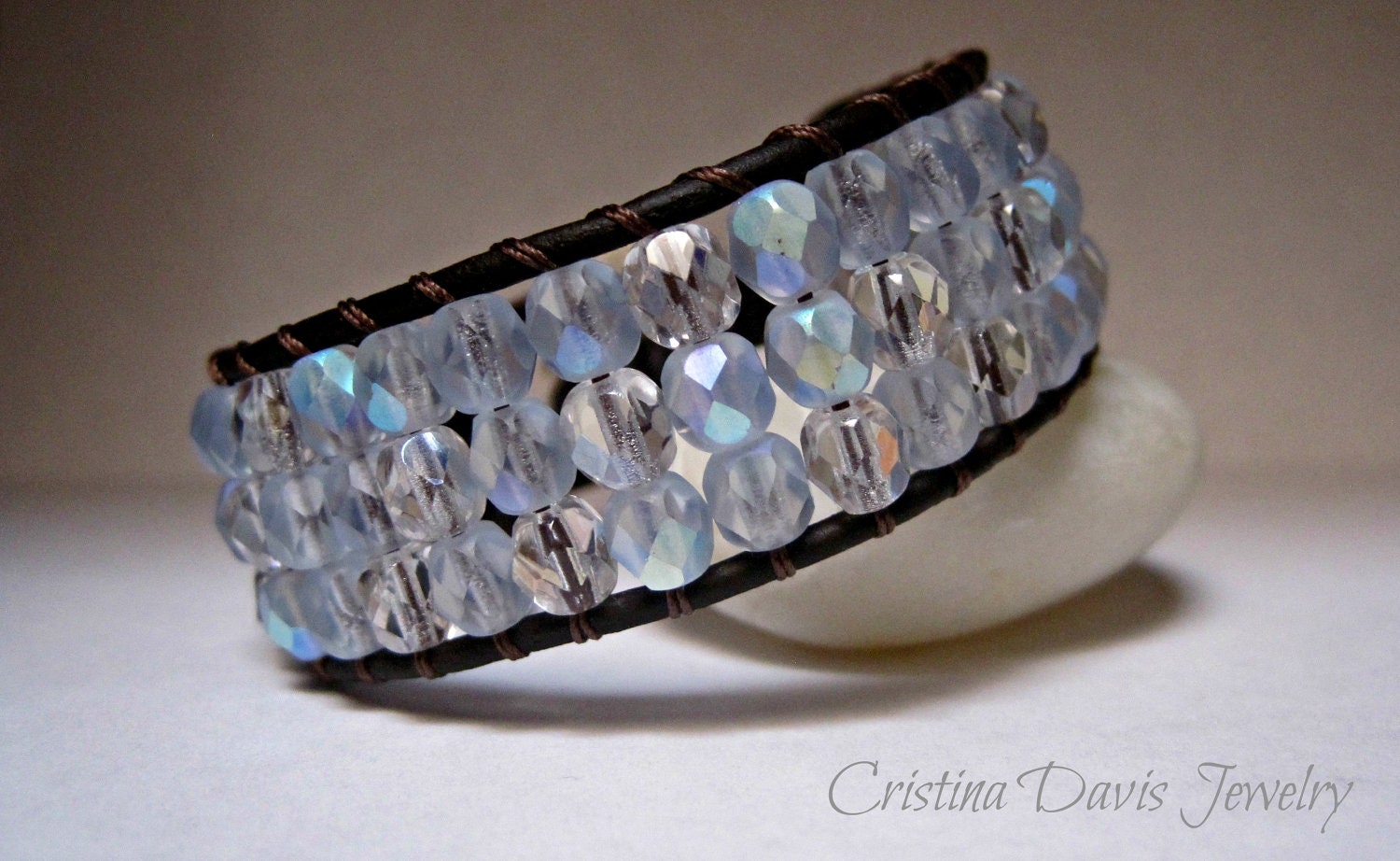 Beaded Leather Wrap Bracelet, Ice Princess, Pale blue crystal, bohemian, leather beaded cuff