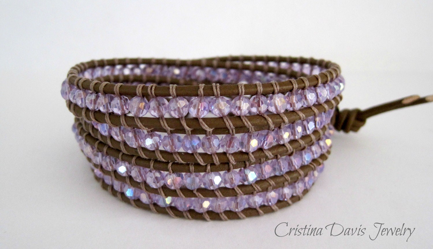 Leather Wrap Bracelet, Light Violet AB Crystal, Purple Floral Beauty, Bohemian Chic, Four Wrap, Holiday Gifts