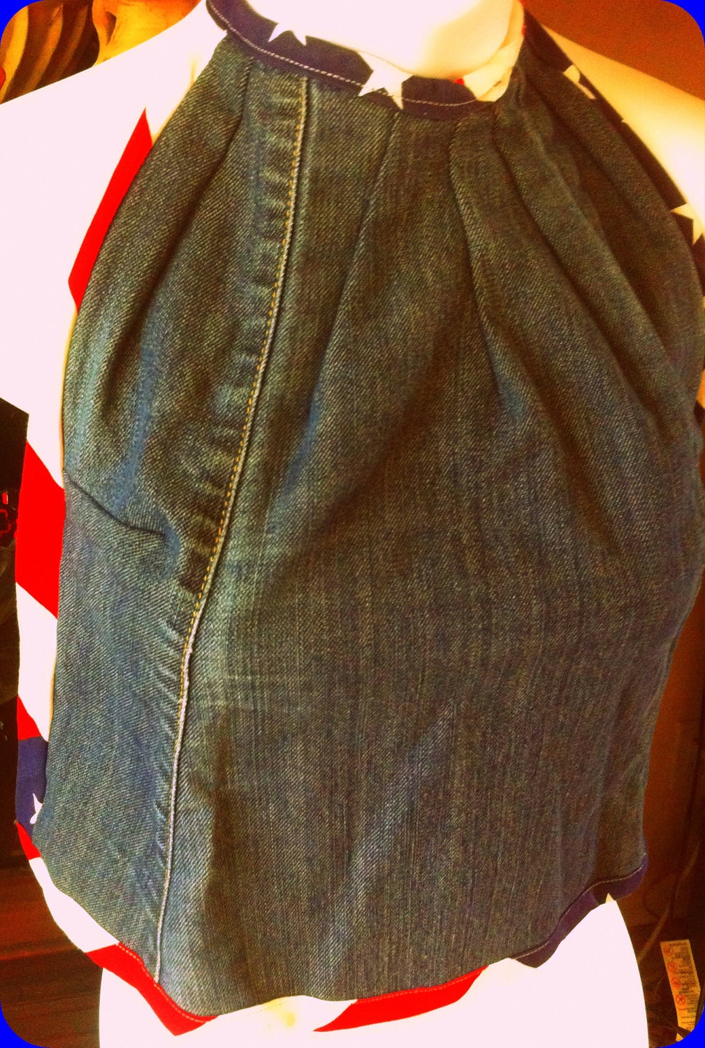 Handmade Red White and Blue Denim USA Flag Halter Top High Neck Shirt Summer Top with Ties and Adjustable strap