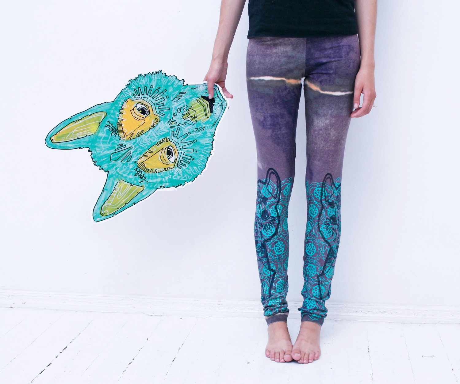 Size S, XS  Wild things-   leggings with black tribal wolf print in mint flowers