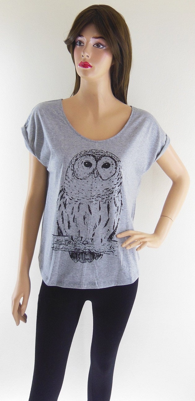 Owl Bird Cute Animal Style Women T-Shirt Gray Shirt Short Sleeve T-Shirt Art T-Shirt Screen Print Size M