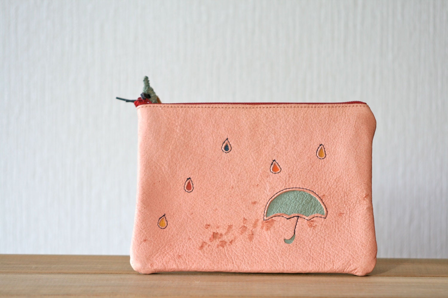 On sale, Leather pouch, Zipper pouch, Umbrella, rain, Upcycle, Eco-friendly, Pastel, Rainbow drops