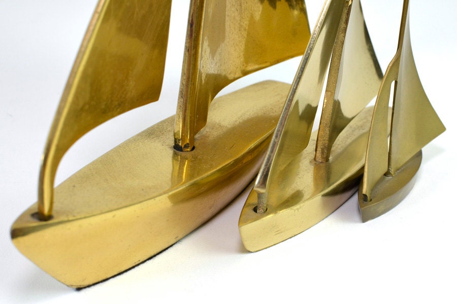 Brass Sailboat Trio - Large, Shiny Gold Color Boat Statues, SET of 3 - Vintage Home, Lake Cottage, or Office Decor Accent