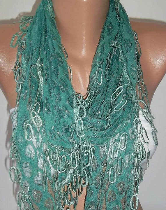 Gorgeous Scarf Emerald - lace and Elegance Scarf - with Lace Edge