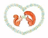 Art Print from Original Watercolour, Christmas Squirrels in Love