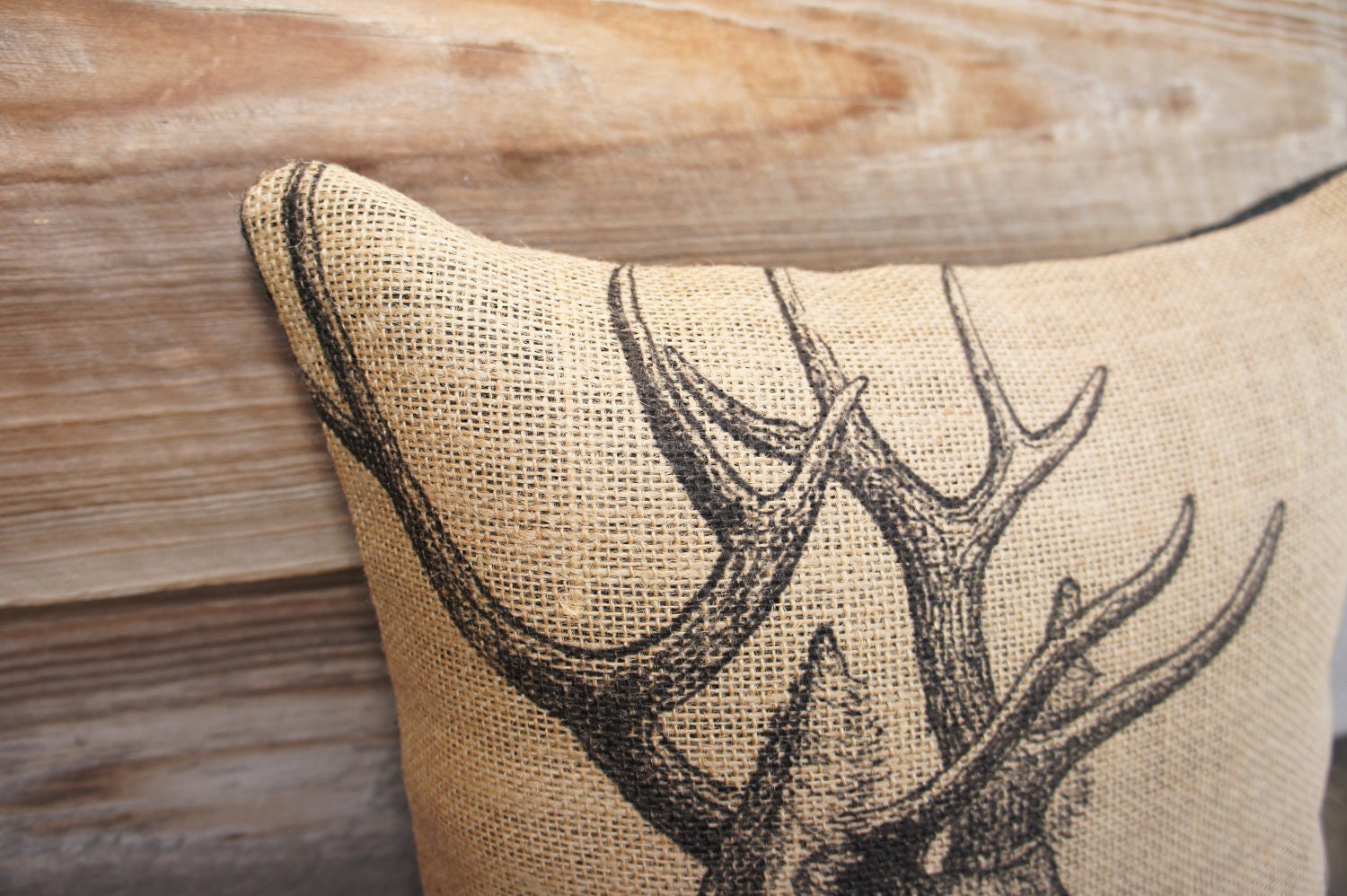 Deer Pillow Cover, Burlap Pillow, Cushion, Rustic, Decorative Throw Pillow, Log Cabin, Woodlands, Accent Pillow, Black and Beige, 16x16