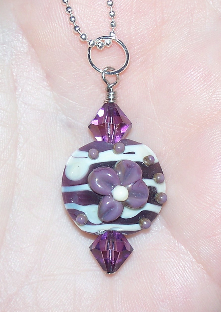 Handmade Colorful Purple & White Zebra Flowered Lampwork Pendant with Swarovski Crystals on a Silver Tone Ball Chain
