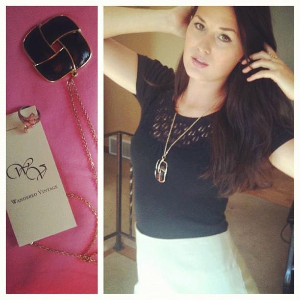 Wandered Vintage Black  Square Pendant Necklace with Gold Trim and Chain
