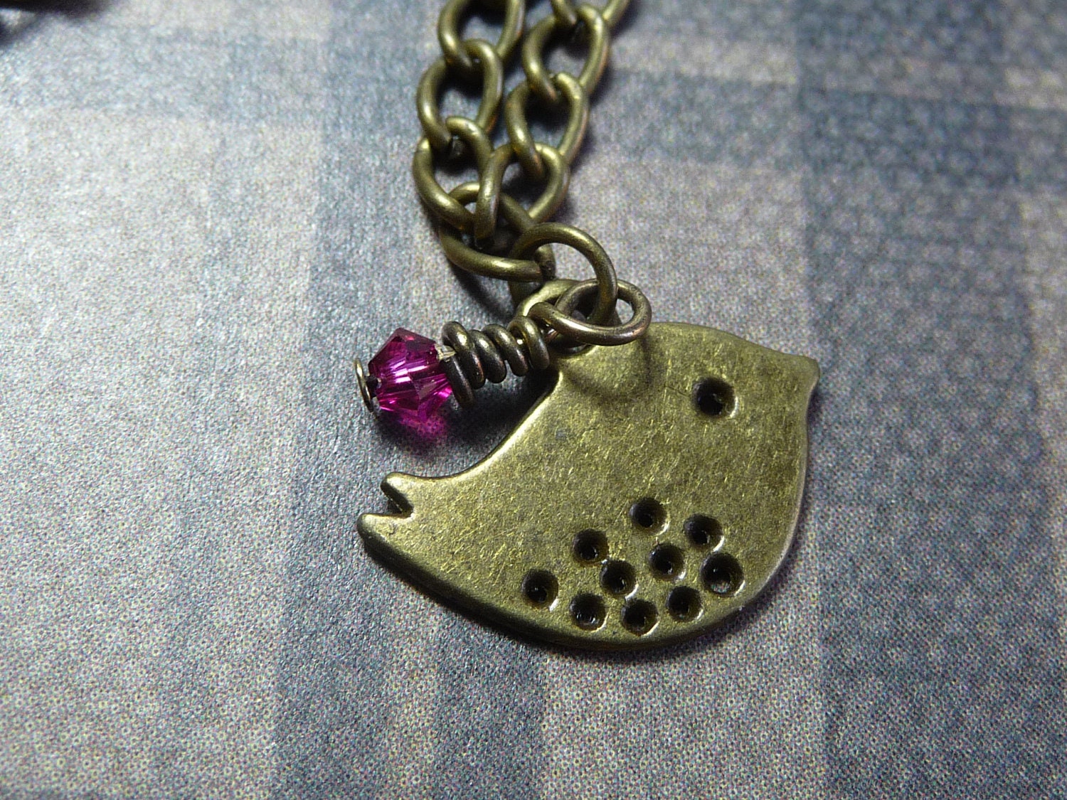 Petite Little Bird necklace featuring a Fuschia Swarovski crystal by vintagerust
