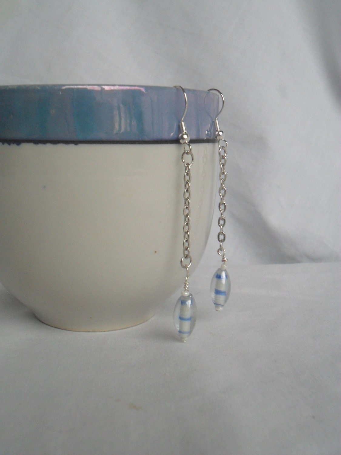 Beaded Dangle Earrings: Blue and White Glass Beads on Silver Colored Chain- Free Shipping