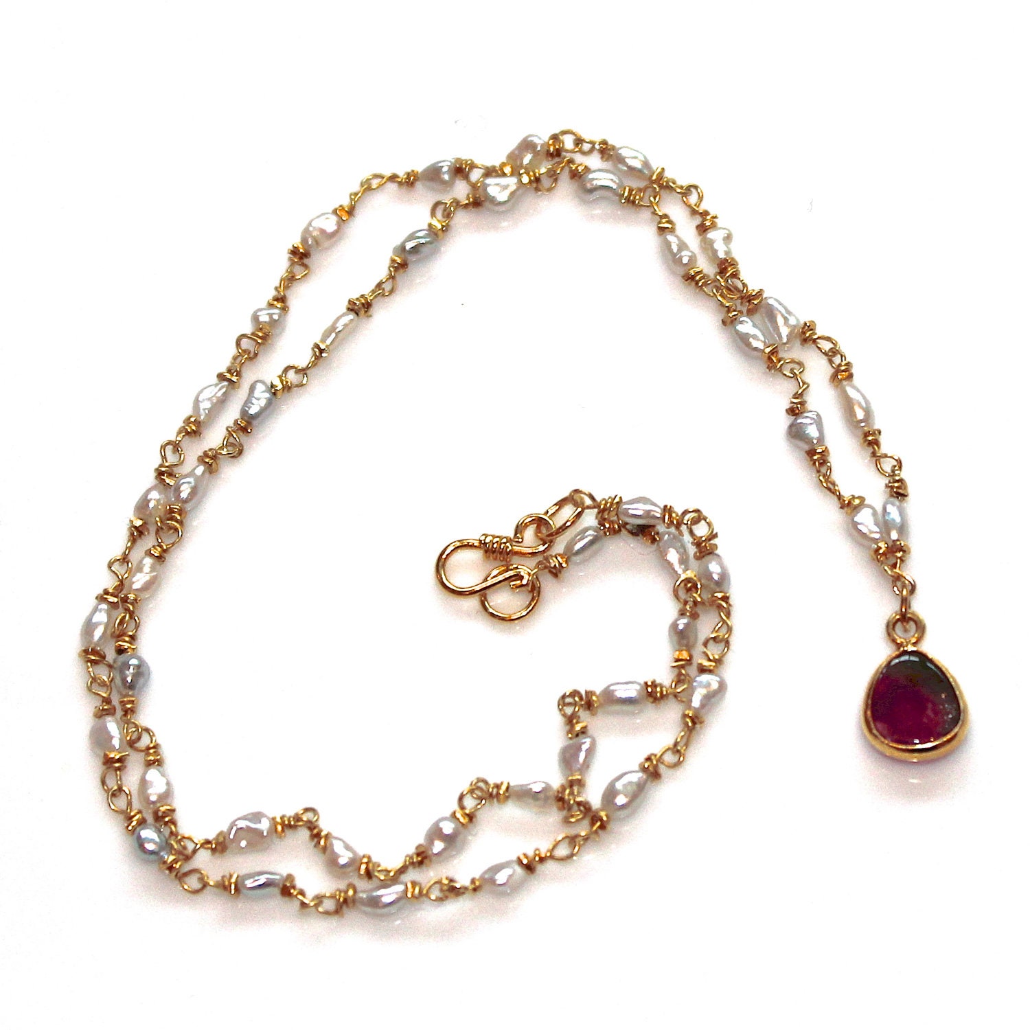 Pearl Necklace Saltwater Keshi Watermelon Tourmaline Slice Gold Vermeil Bali 17" Necklace