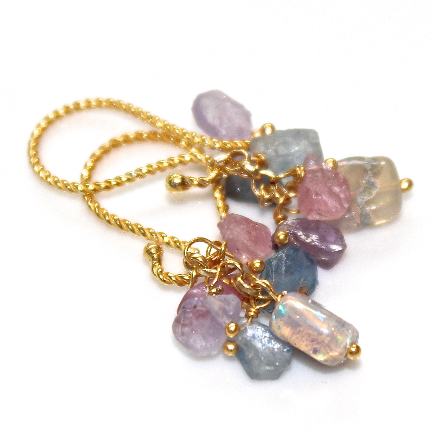 Rustic Ethiopian Opal Earrings Rough Sapphire Cluster Earrings Gemstone Artisan Jewelry