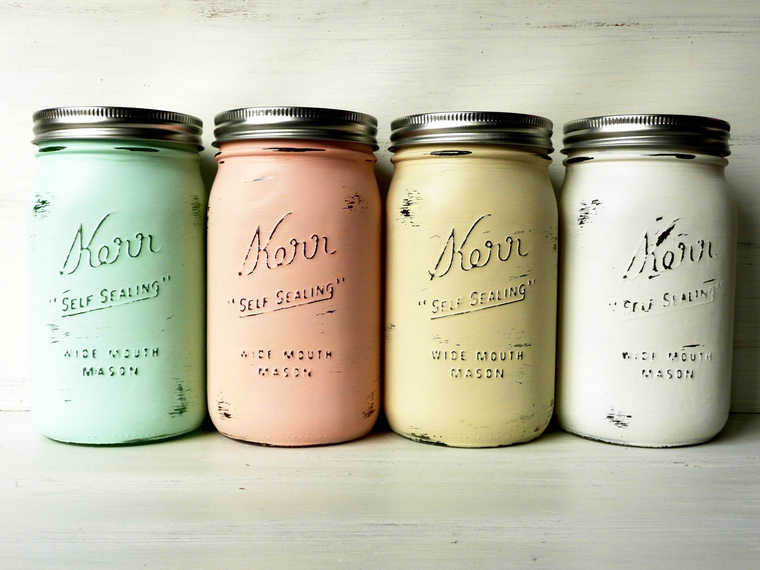 As Seen in Smitten Magazine - Mint and Blush SPRING and SUMMER Wedding Decoration  - Home Decor - Painted and Distressed Mason Jars / Vases