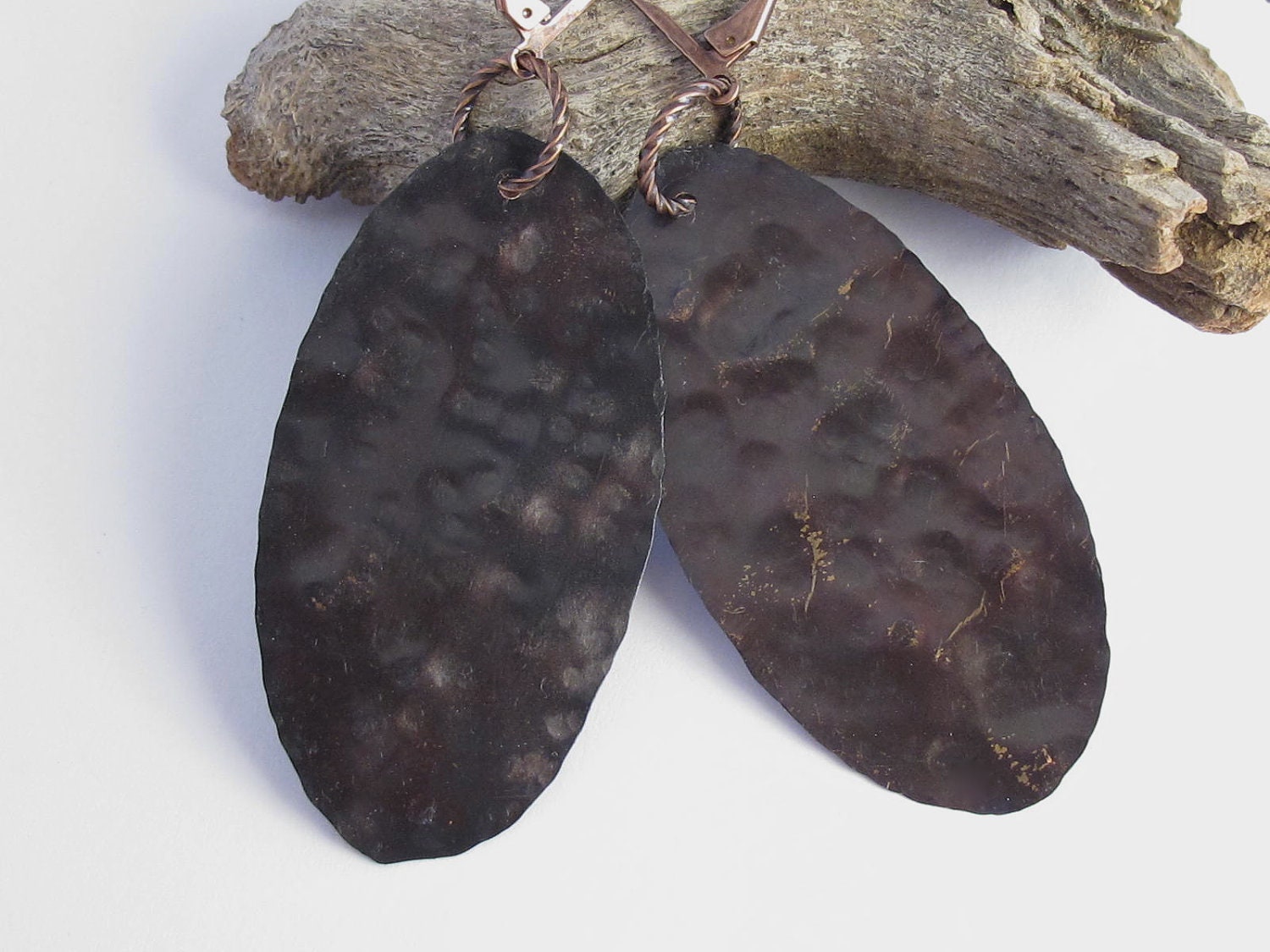 Hammered Copper Earrings Patina Dark Brown Black, Large Oval, Dark Brown Copper Earwires