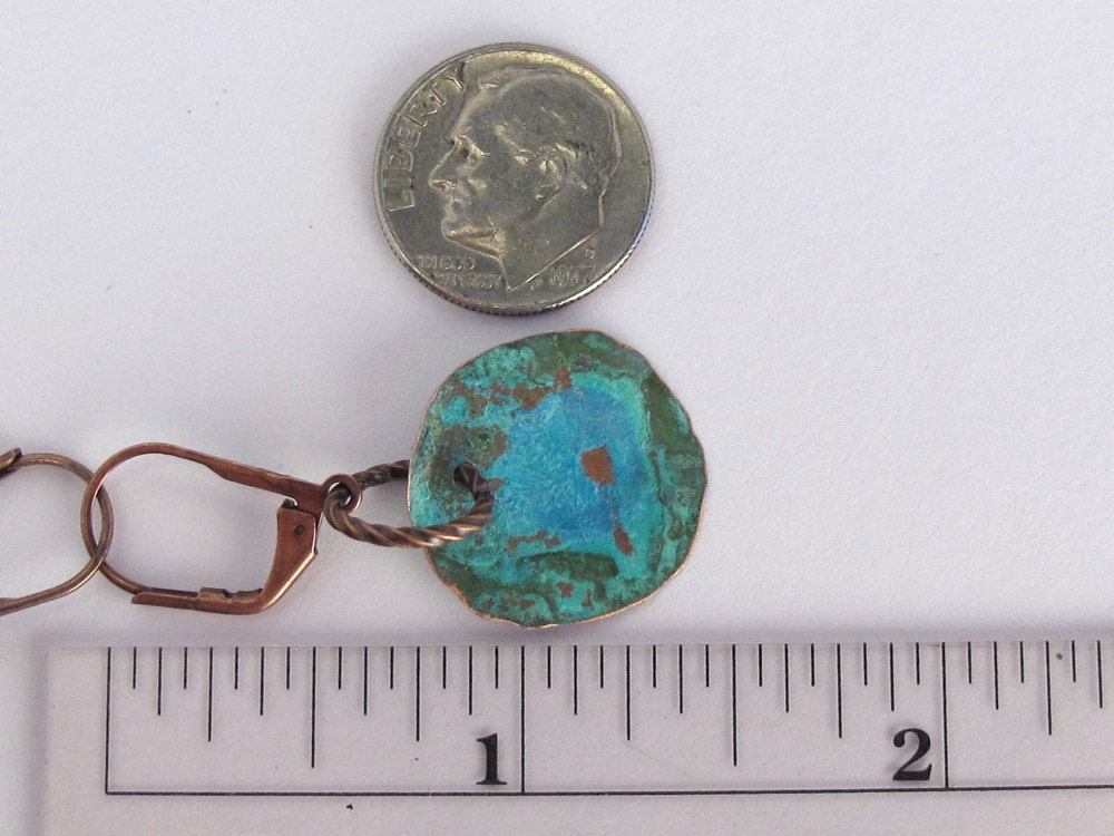 Hammered Copper Earrings Patina Verdigris Blue Green, Small Round, Dark Brown Copper Earwires, ER0180