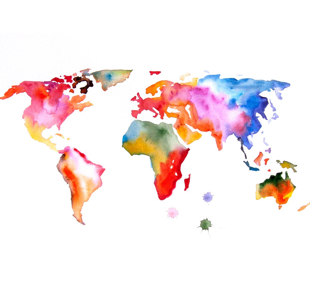 Map of the world ART PRINT 13X19 original watercolor painting illustration home wall decor modern contemporary reproduction poster