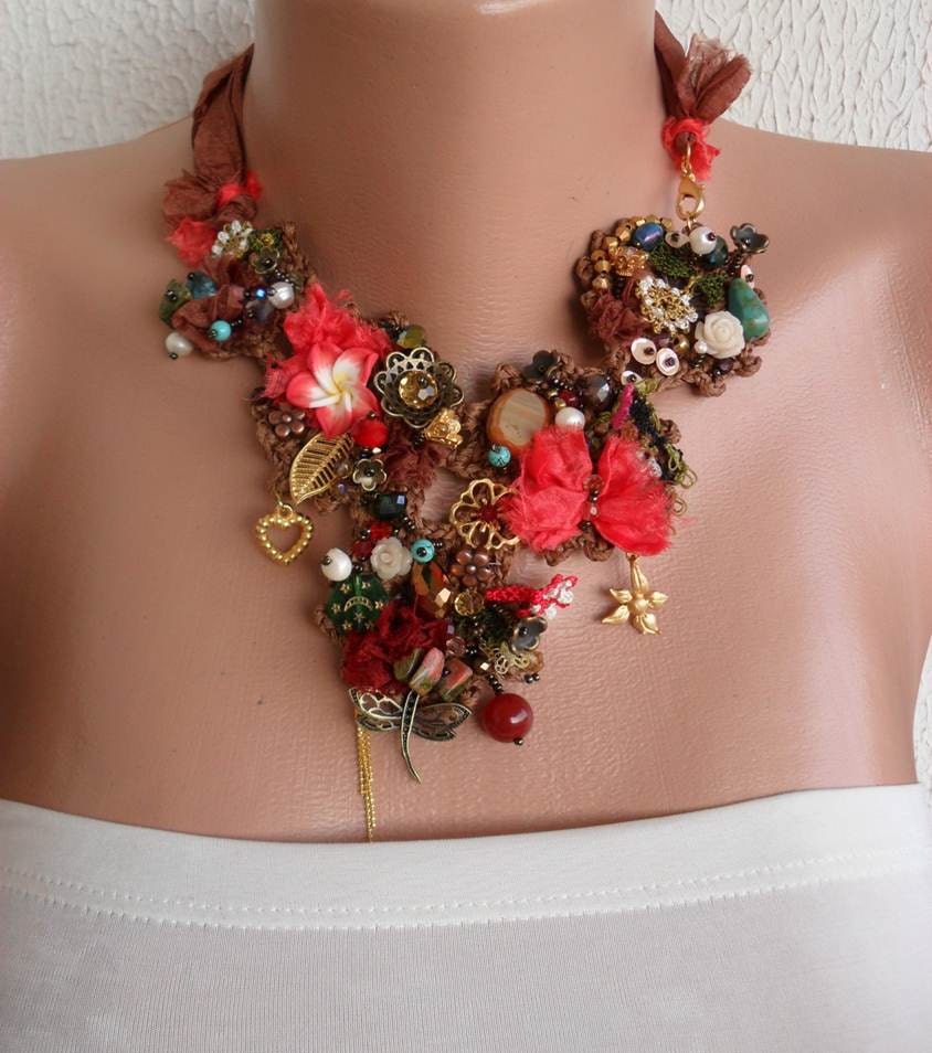 Handmade - Crochet and Bead Necklace - Brown and Coral Necklace - Handmade Design