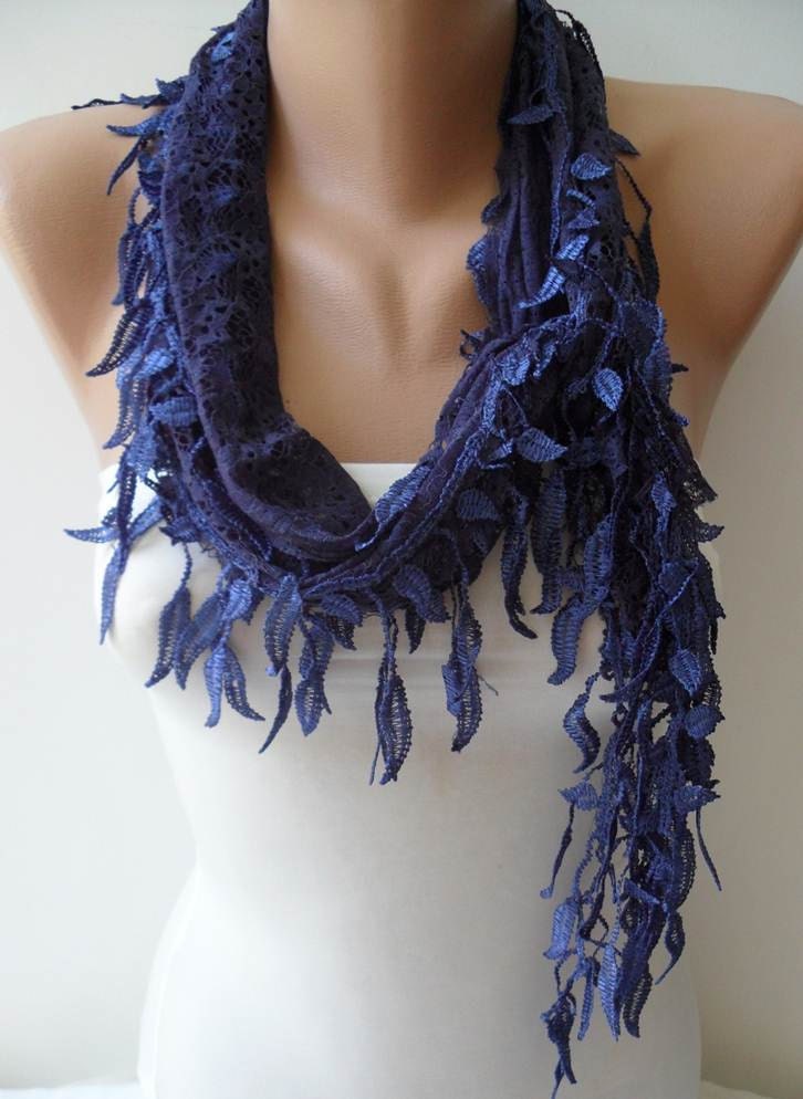 Dark Blue Lace Scarf  with Trim Edge - Special Laced Fabric