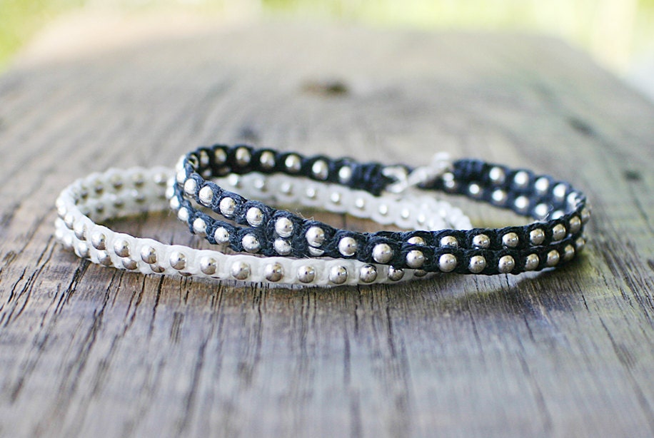 Black and White Wrap Bracelets  - Irish Waxed Linen with Sterling Silver Beads and Thai Silver Hook Clasps