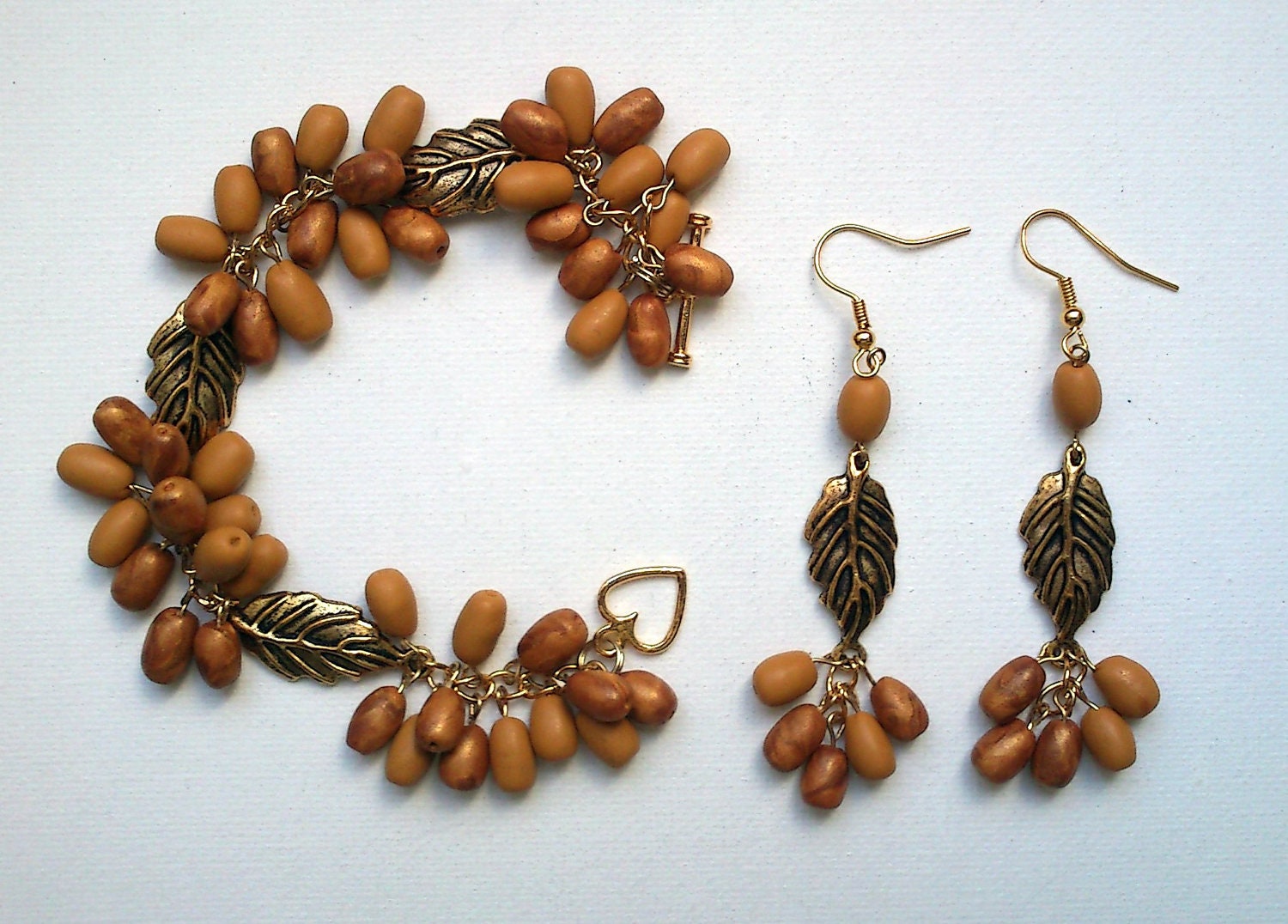 Metallic gold jewelry - Sea Buckthorn bracelet and earrings - Handmade jewelry - Polymer clay