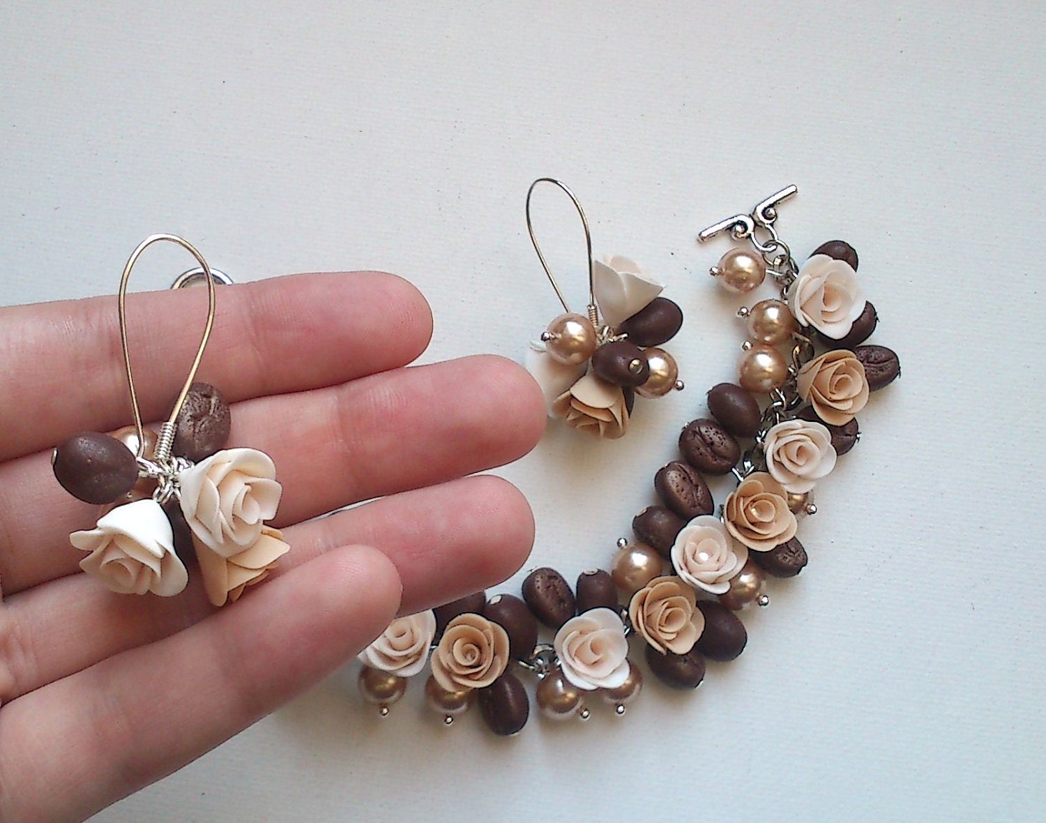 Coffee rose jewelry set- Pearl braclet and earrings - Handmade jewelry