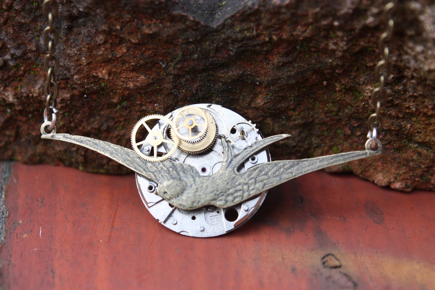 Steampunk Swallow Necklace - Upcycled watch parts