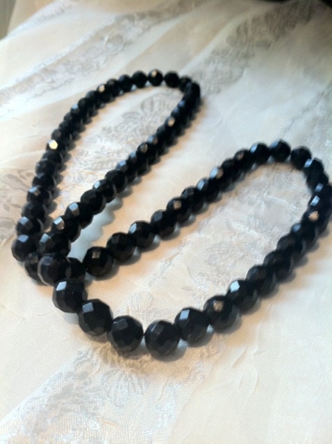 GLITTERING Vintage Faceted Jet Long Necklace Estate Jewelry Antique Black Onyx