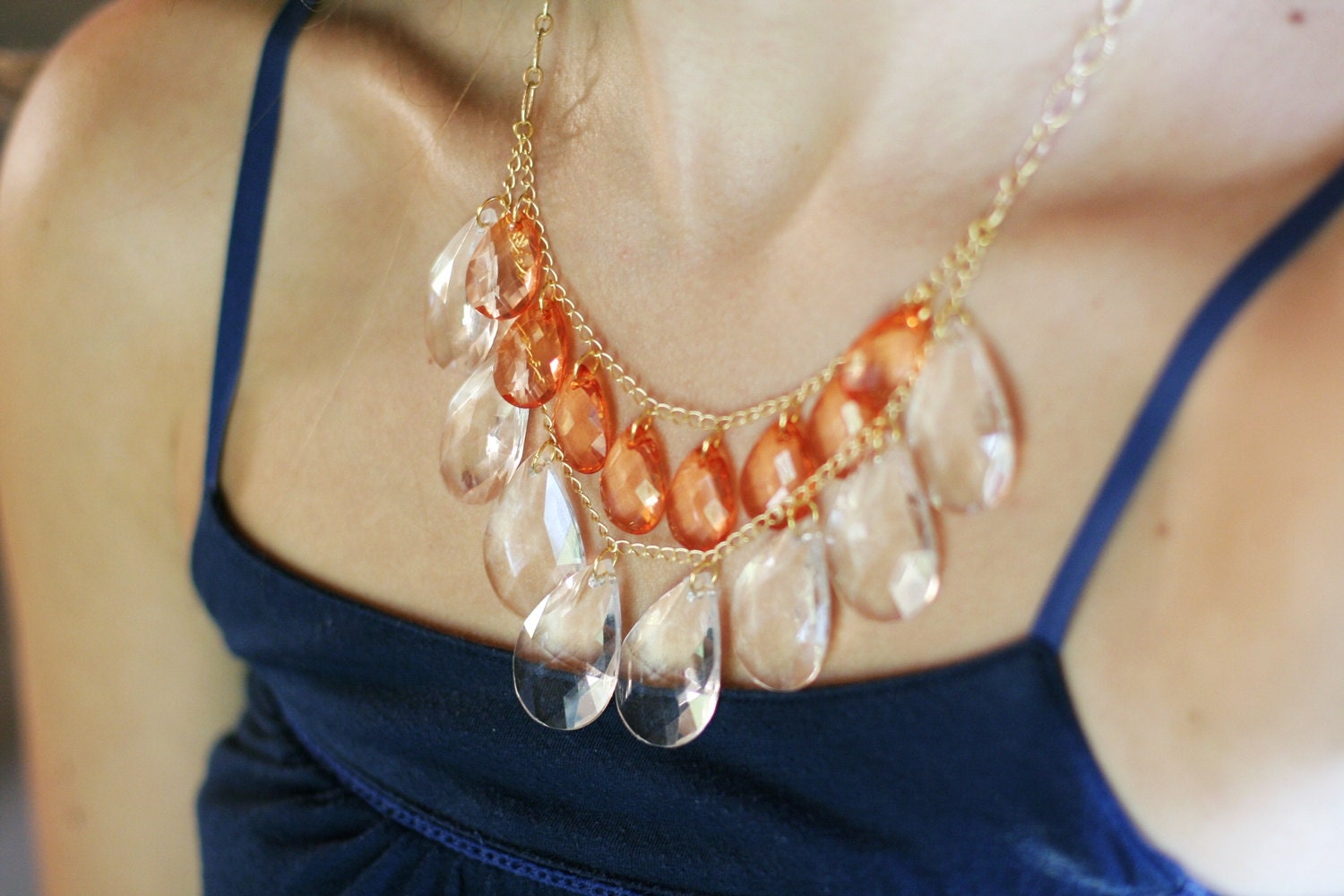 Coral and Clear Teardrop Statement Necklace