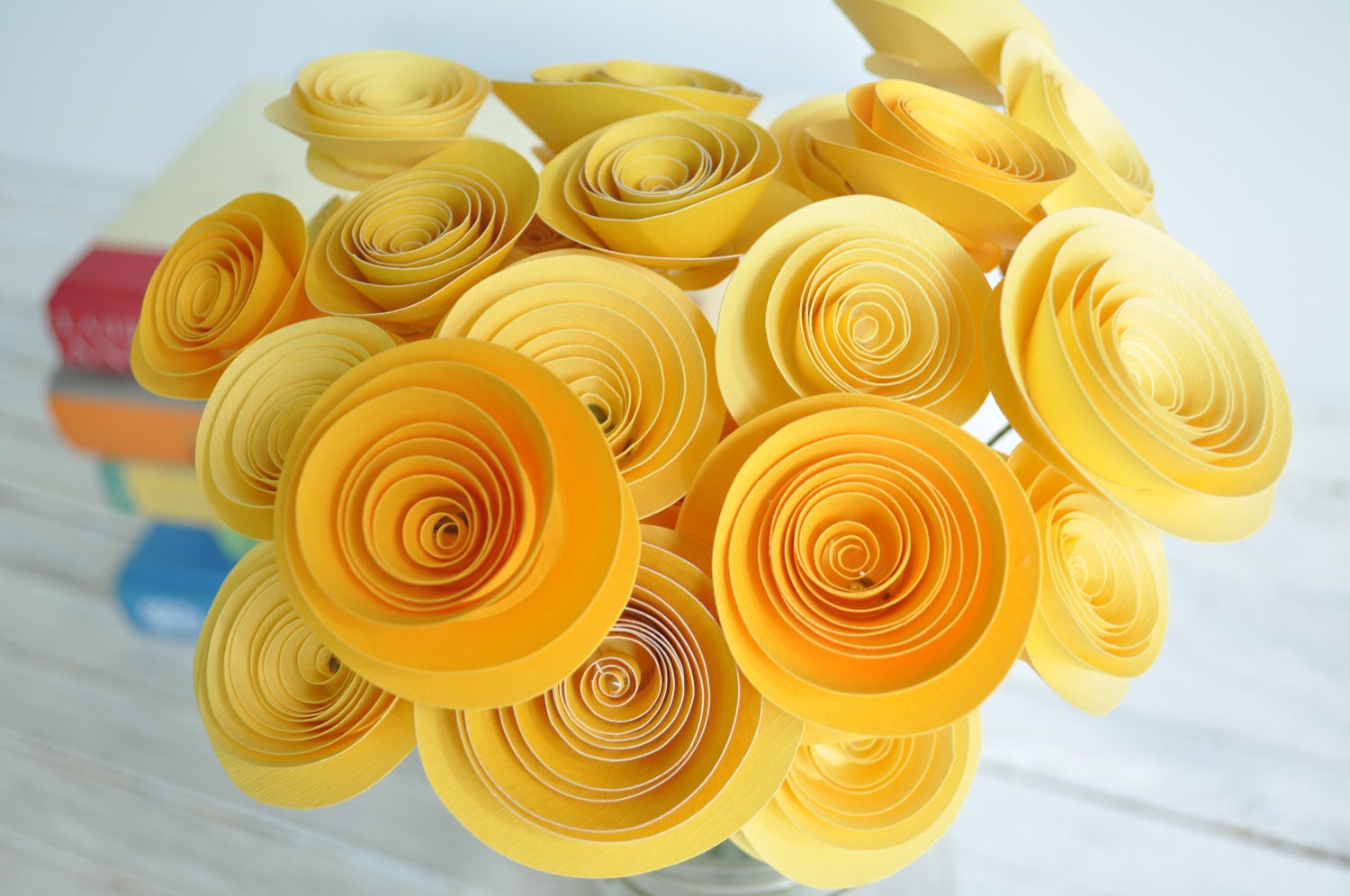 24 Yellow Paper Flowers on Stems- Bouquet of Paper Flowers- Yellow Home Decor